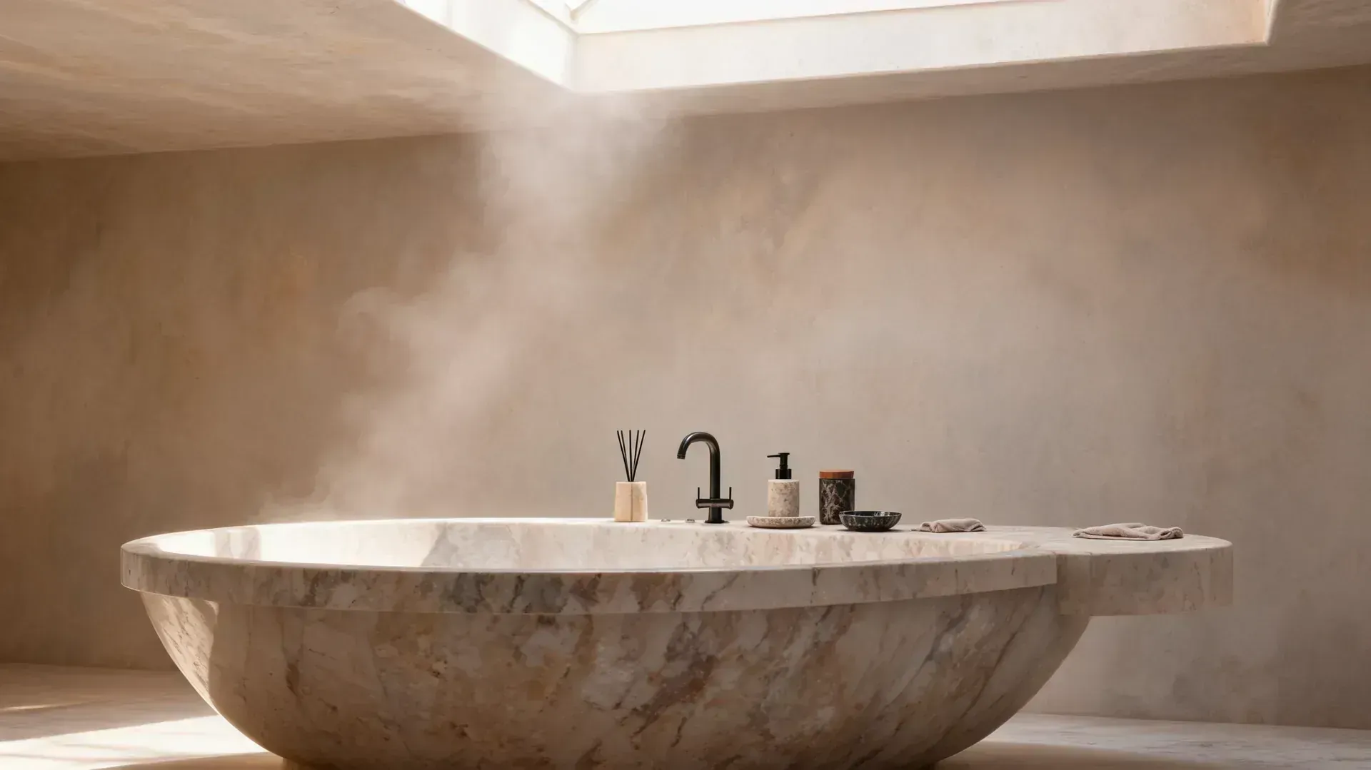 Aramea stone tub with steam rising in morning light