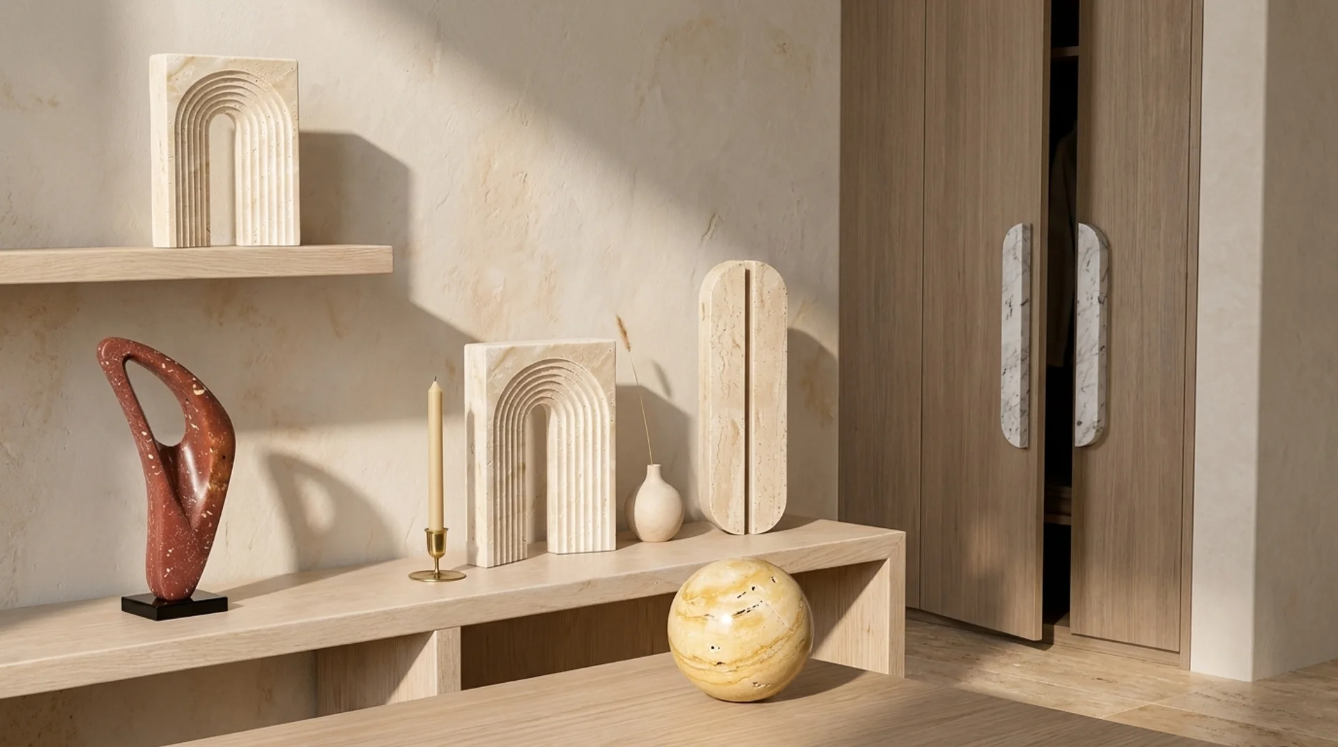 Sculptural forms held in still gallery light
