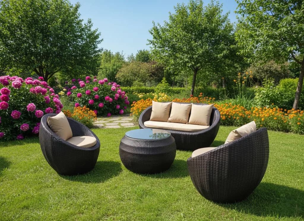 A dark woven lounge set with sand cushions around a glass-top table on grass — Doha Outdoor mood