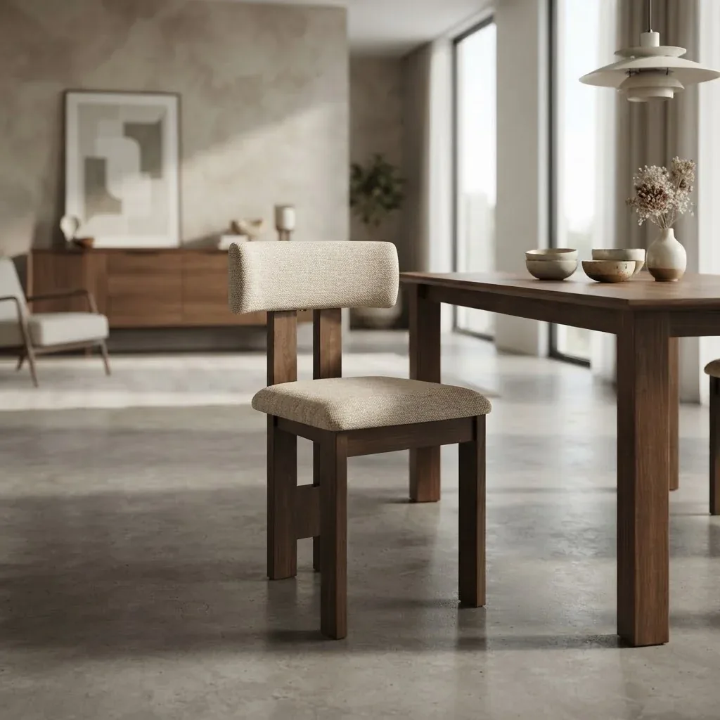 A boucle wood dining chair pulled up to a walnut table — Dustin Chairs mood