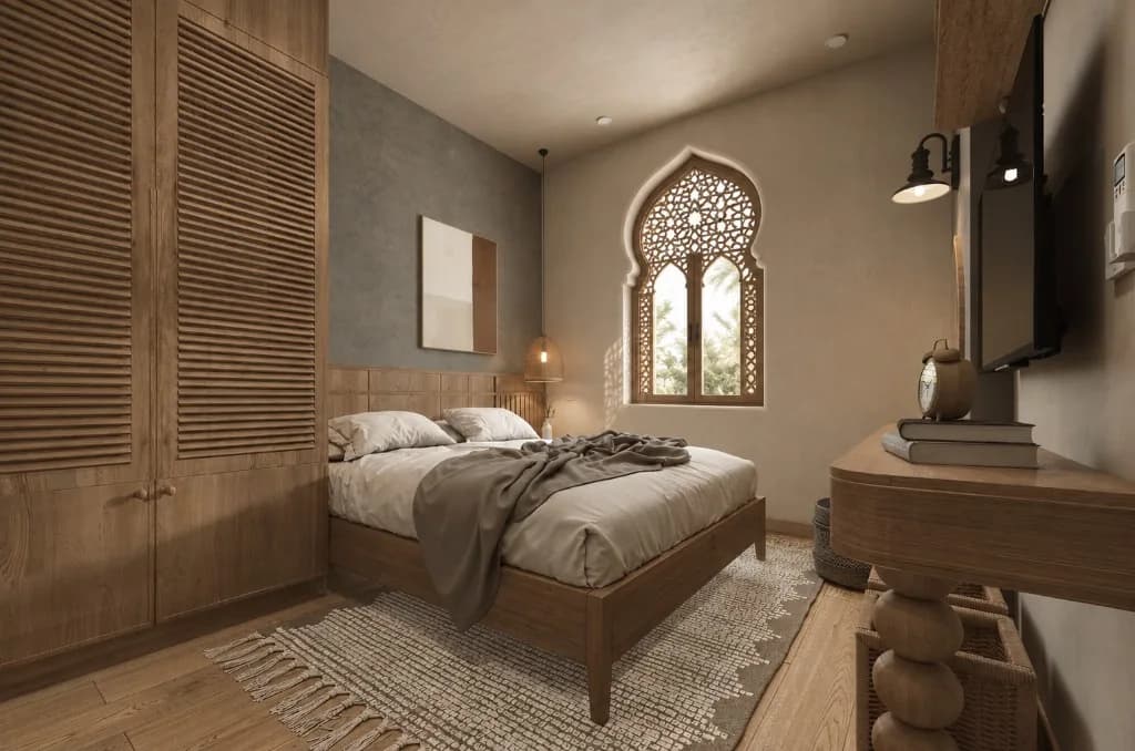 A wood bed under a mashrabiya window in a quiet bedroom — Halima Beds mood
