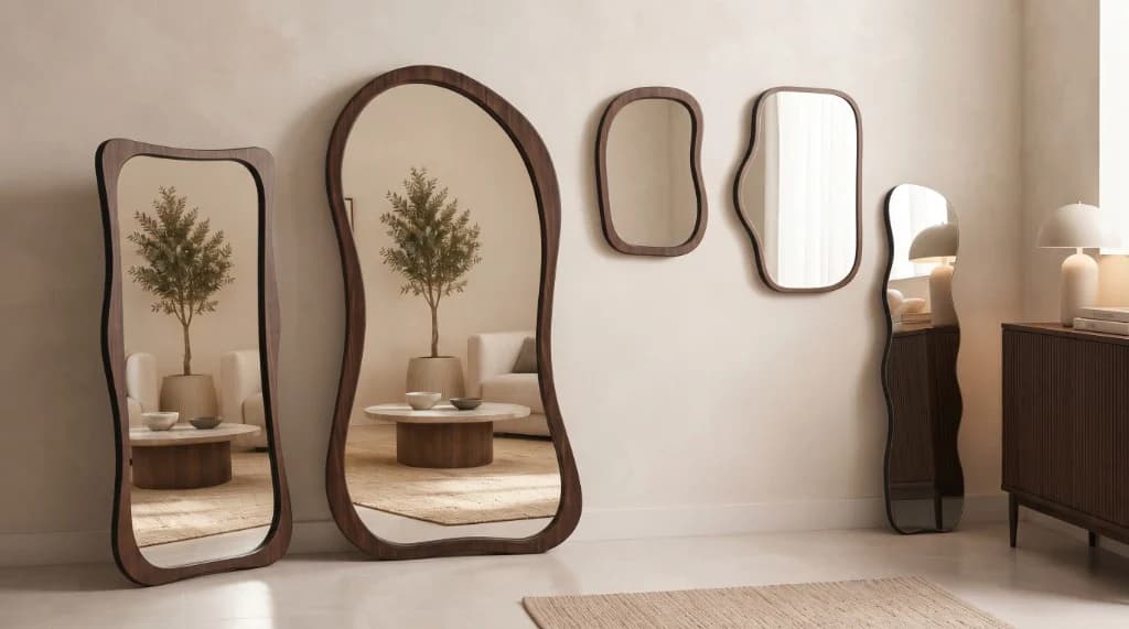 JJ walnut floor and wall mirrors in a pale studio