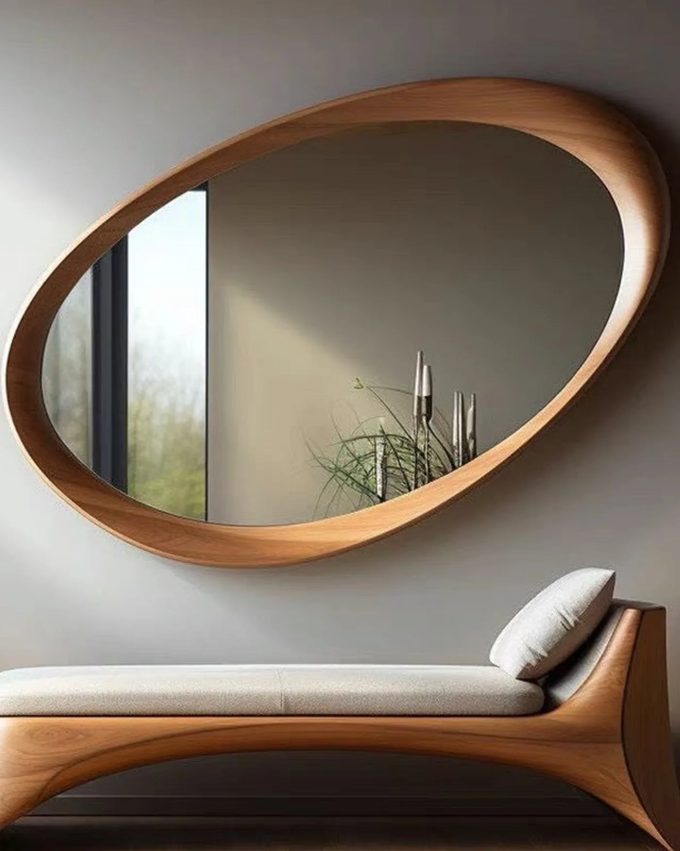 JJ walnut wood wall mirror in a quiet hall