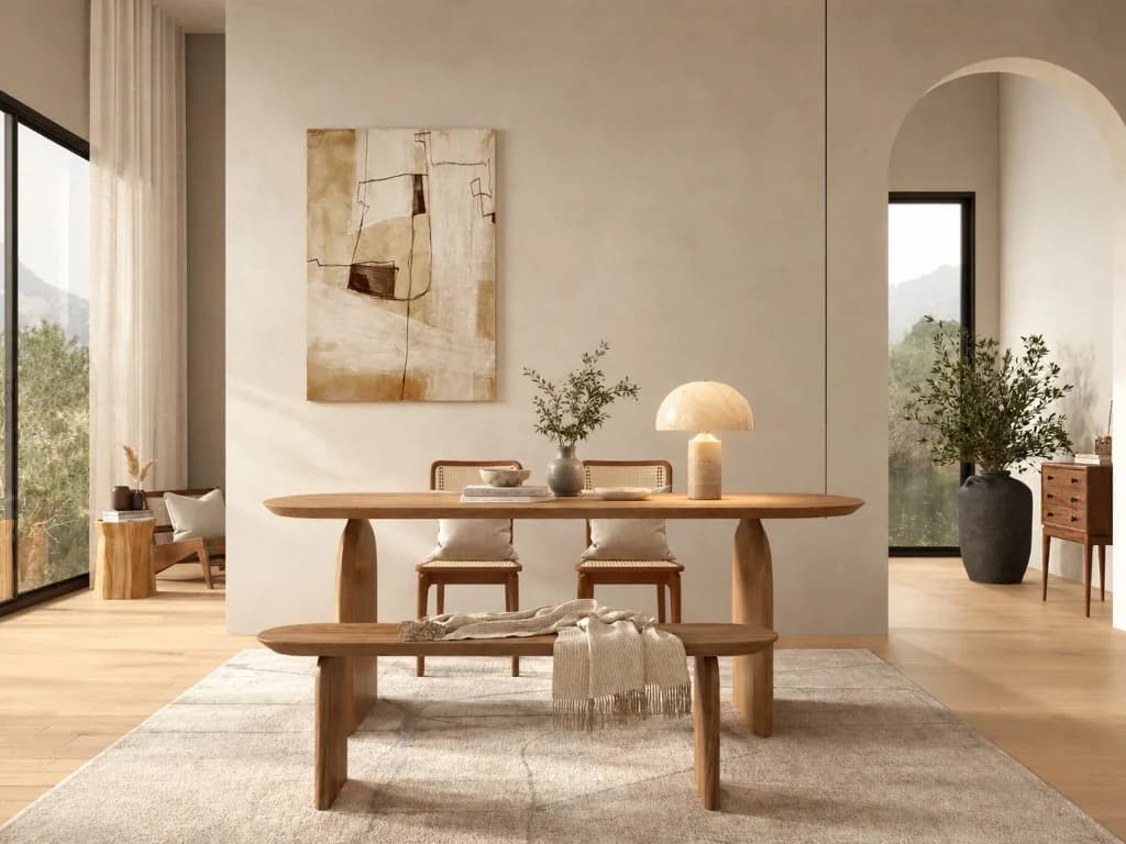 An oval wood dining table with a bench in a plaster room — Marc Tables mood