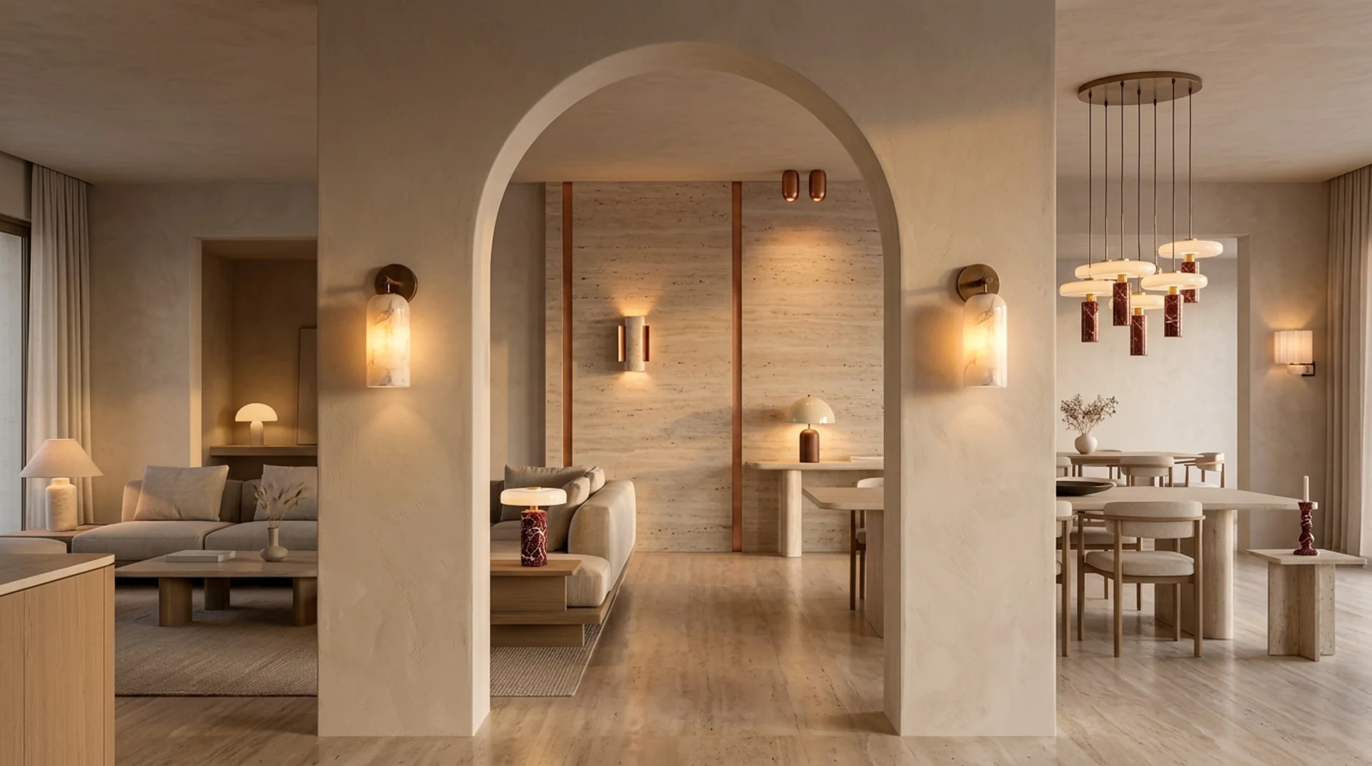 Living and dining at dusk — one house, rest between efforts