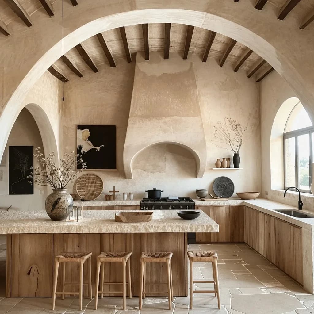 Vaulted plaster kitchen with oak island and rush stools — Omi Kitchen