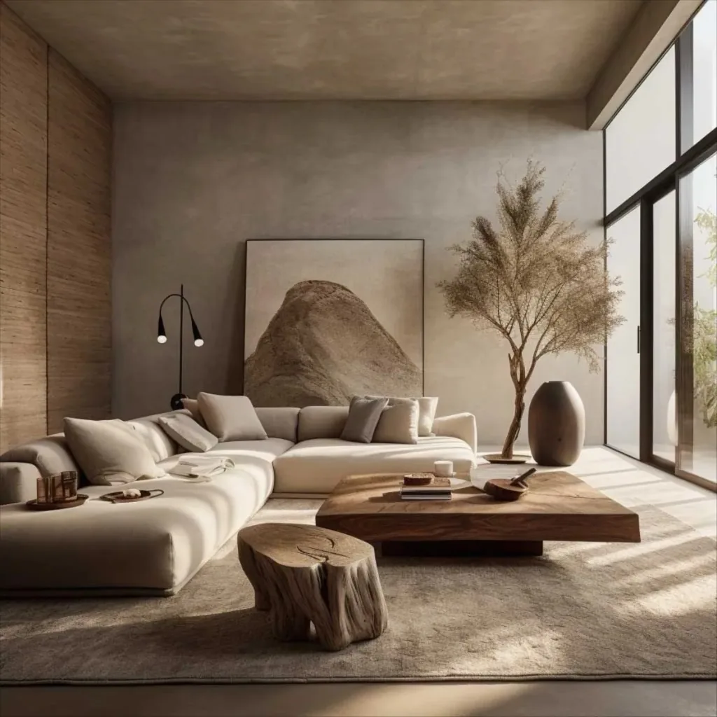 A cream corner sofa around a wood coffee table in a plaster room — Sahla Sofas mood