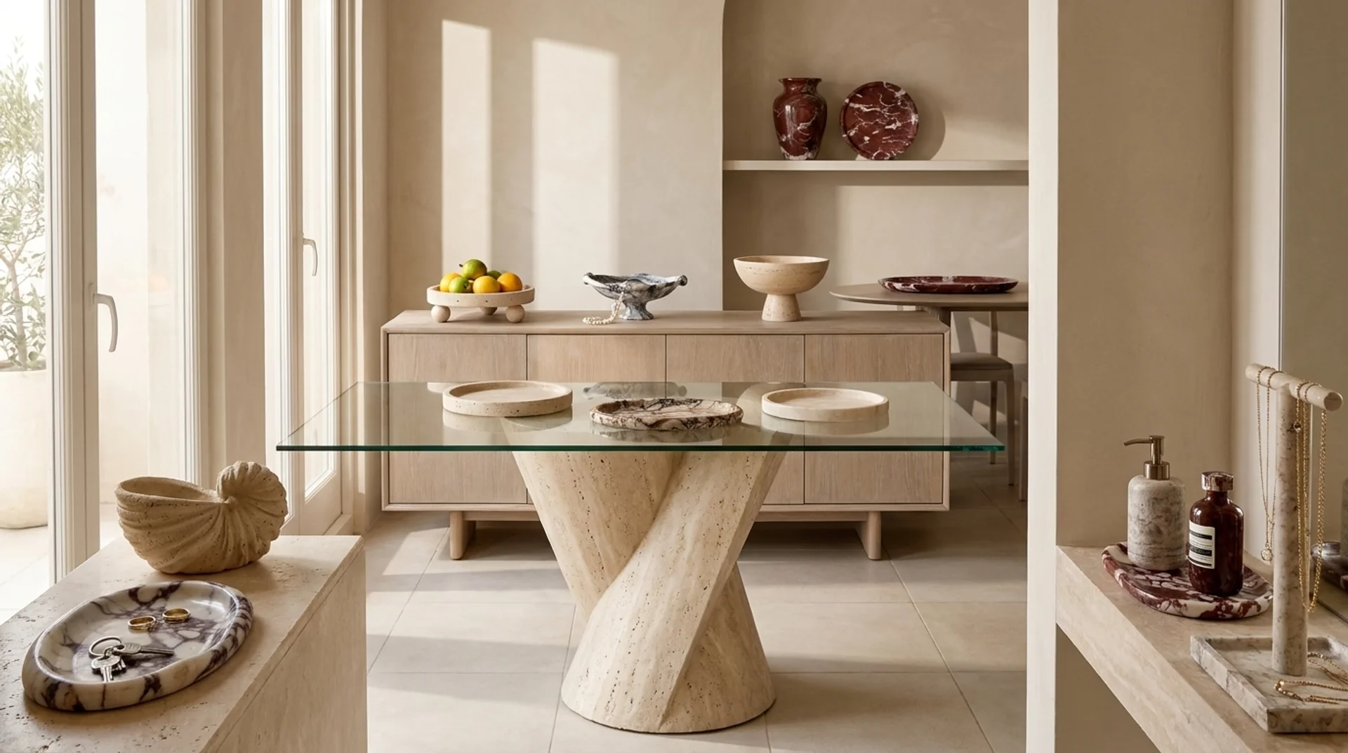 Wafa stone trays, vessels, arches, and marble sculpture in a quiet interior