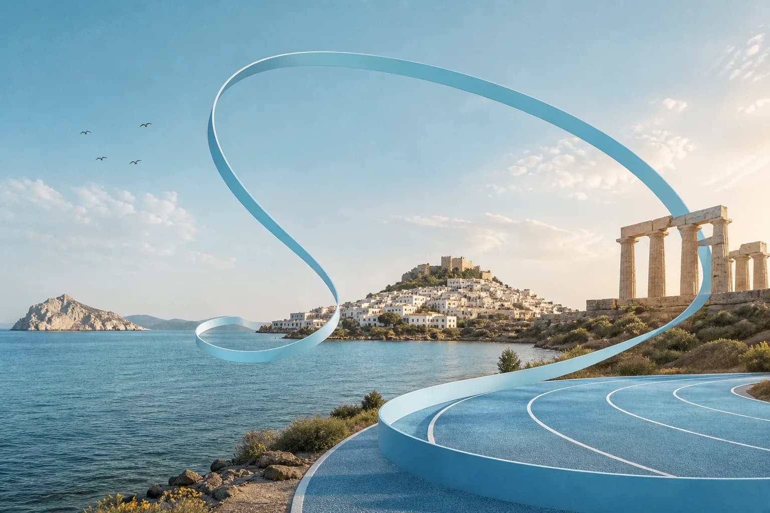 A sky-blue route joining sea, track, and ancient landscape