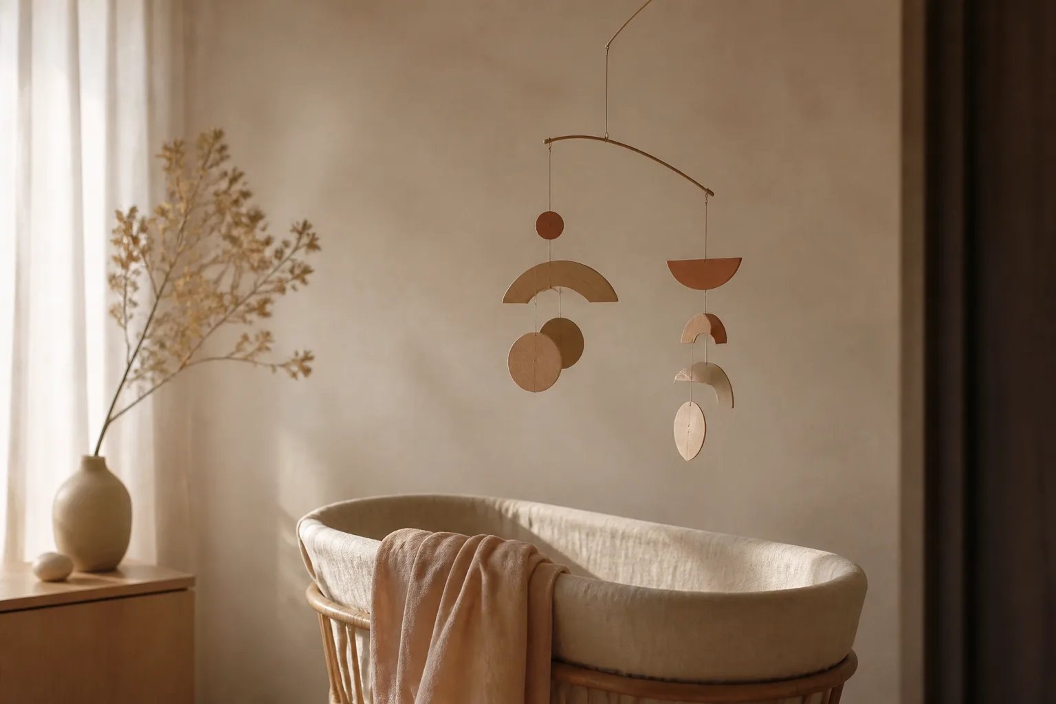 A paper mobile above a linen bassinet in peach morning light