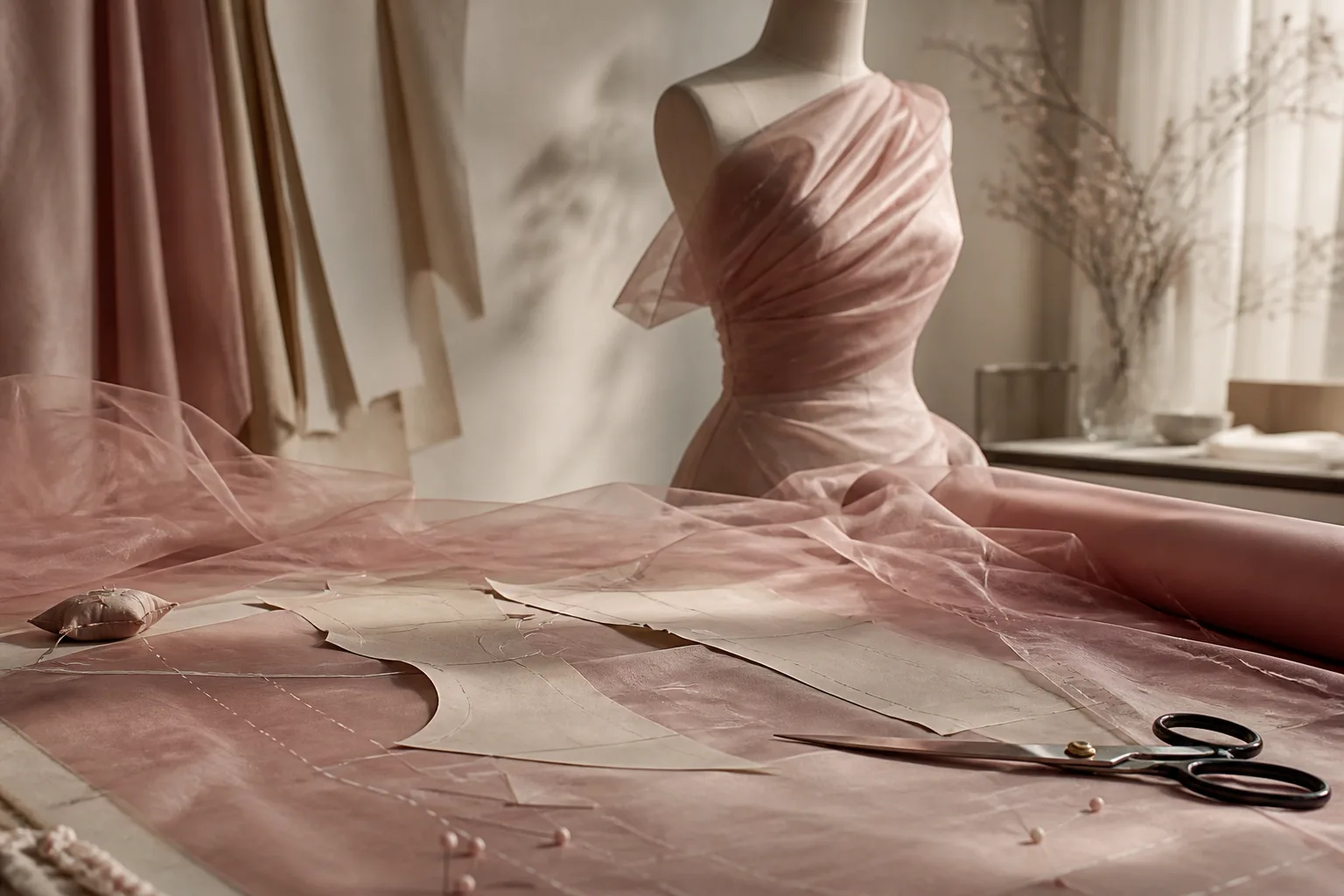 Dust-rose cloth hung and folded as a family wardrobe