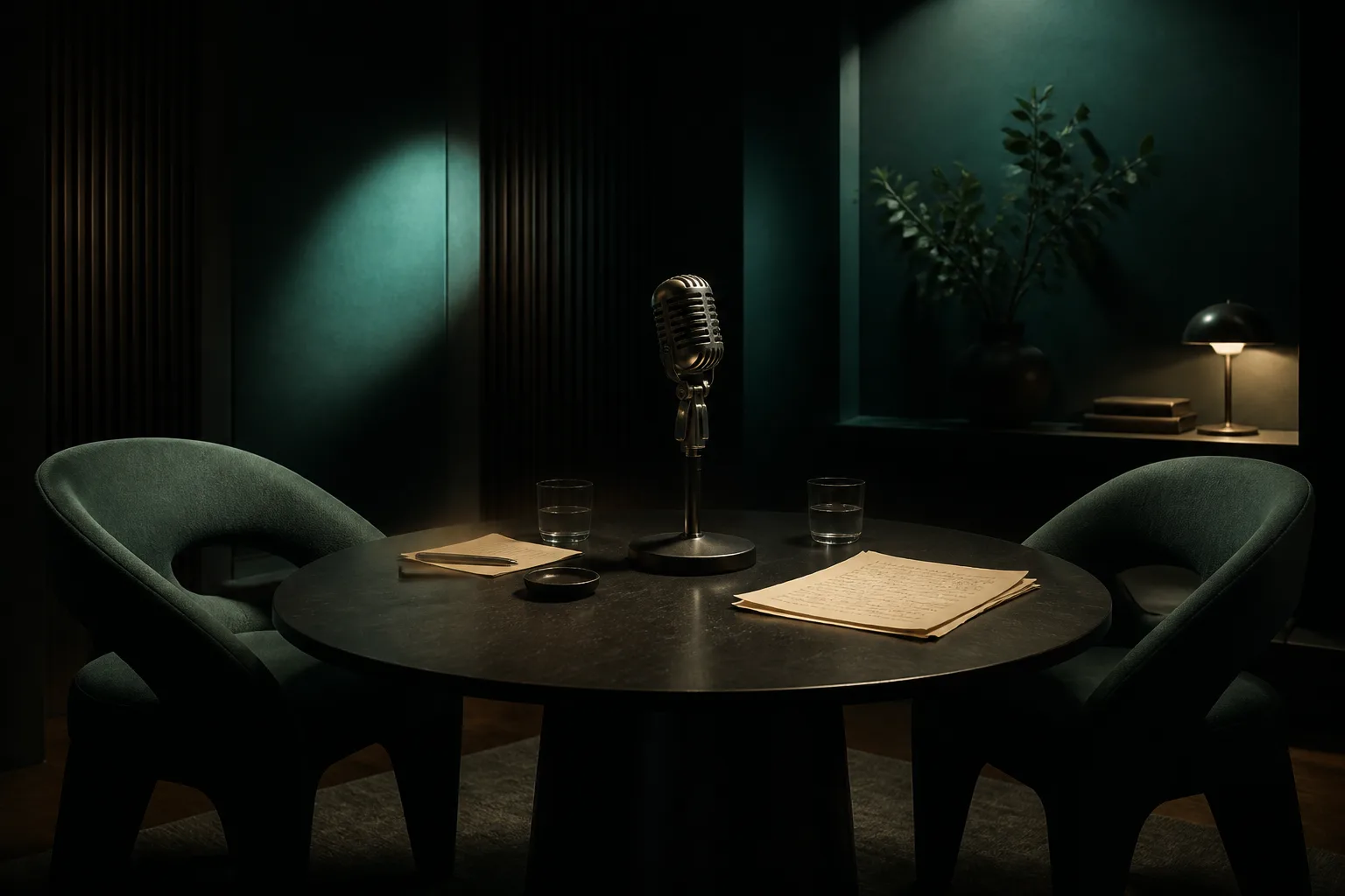Two chairs and a microphone around a dark teal conversation table