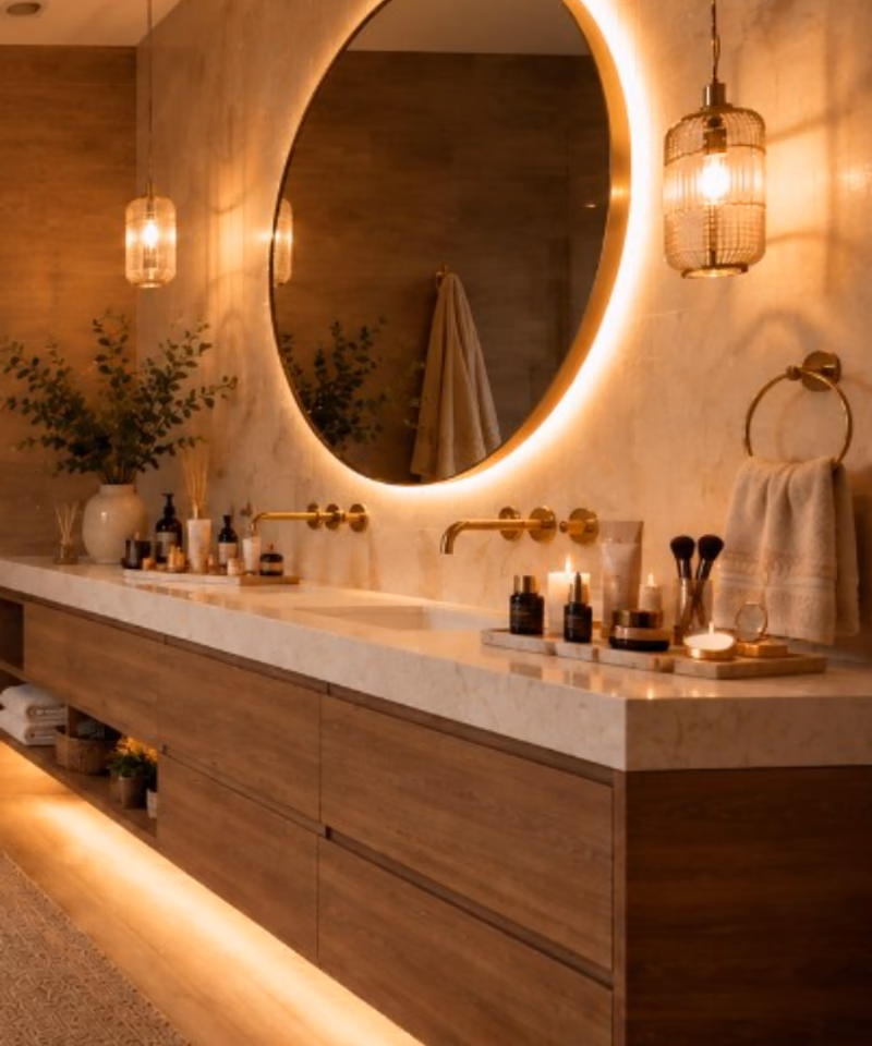 Walnut vanity, lit round mirror, glass shower and a freestanding tub — Aramea Bath