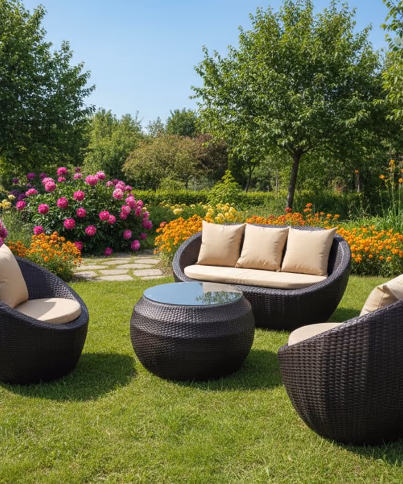 A dark woven lounge set with sand cushions around a glass-top table on grass — Doha Outdoor mood