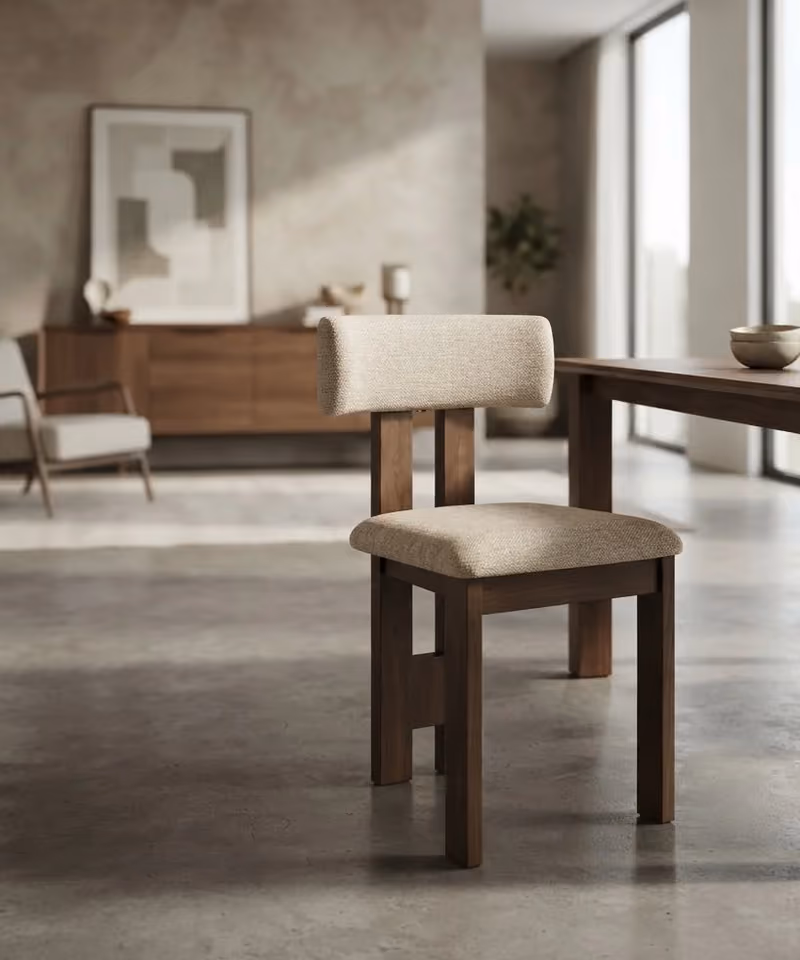 A boucle wood dining chair pulled up to a walnut table — Dustin Chairs mood