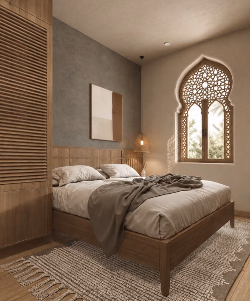 A wood bed under a mashrabiya window in a quiet bedroom — Halima Beds mood