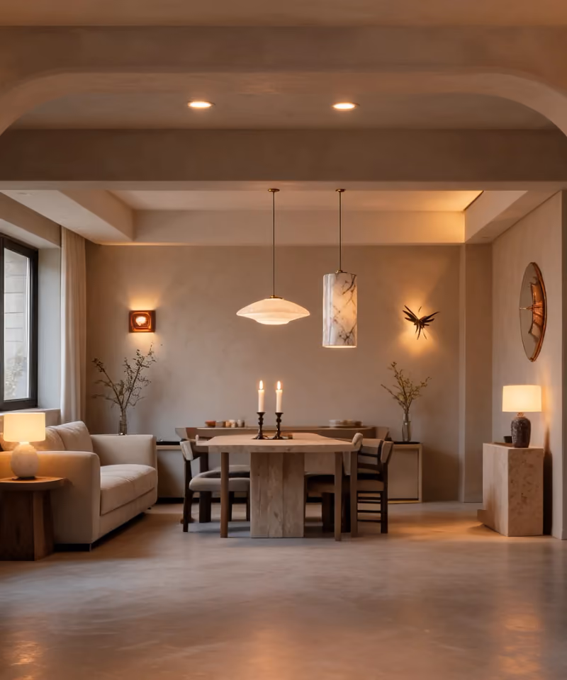 NOR marble sconces, travertine pendant, and table lamps glowing in an arched hallway at dusk