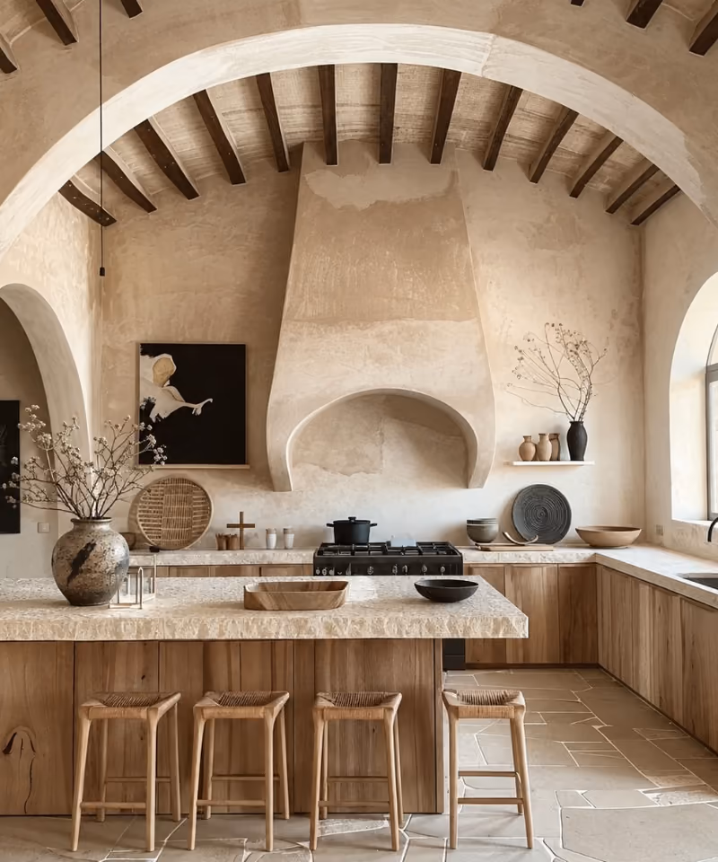 Vaulted plaster kitchen with oak island and rush stools — Omi Kitchen