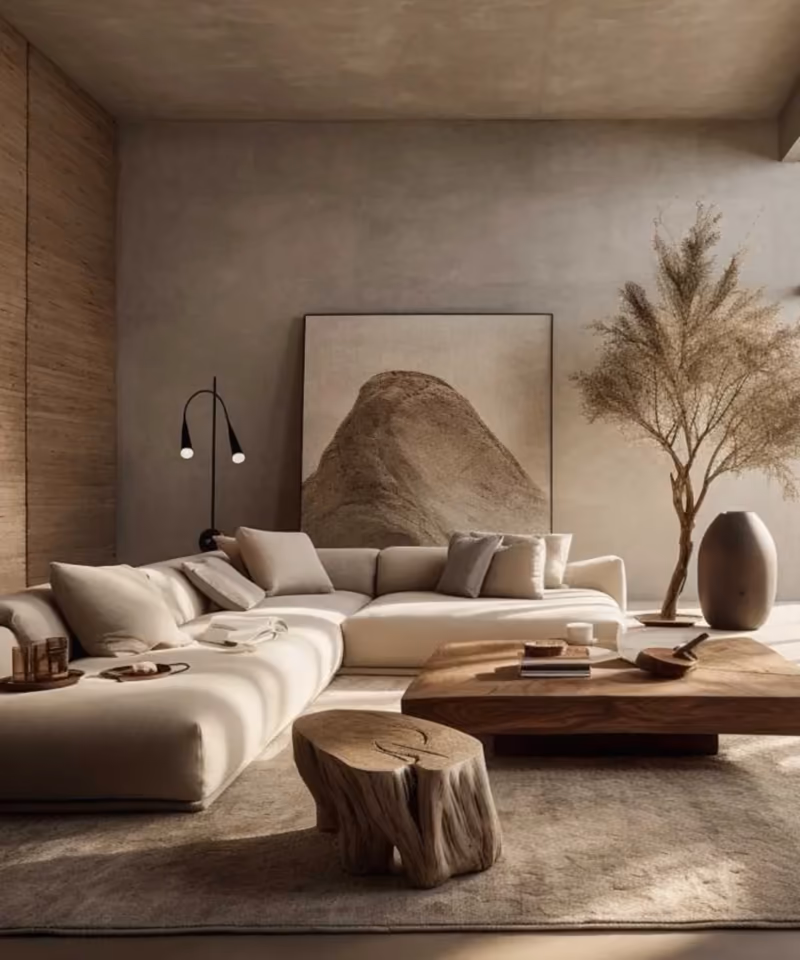 A cream corner sofa around a wood coffee table in a plaster room — Sahla Sofas mood