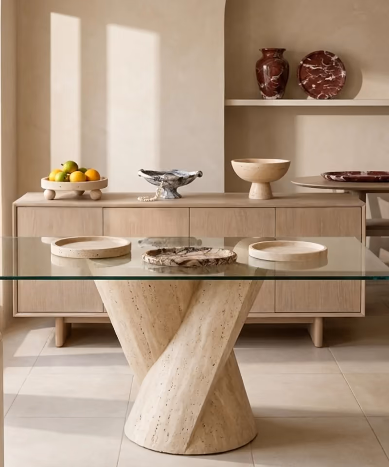 Wafa stone trays, vessels, arches, and marble sculpture in a quiet interior